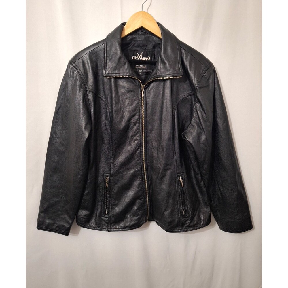 Vintage Wilsons Womens Maxima Black Full Zip Leather Jacket Size XL Moto Biker